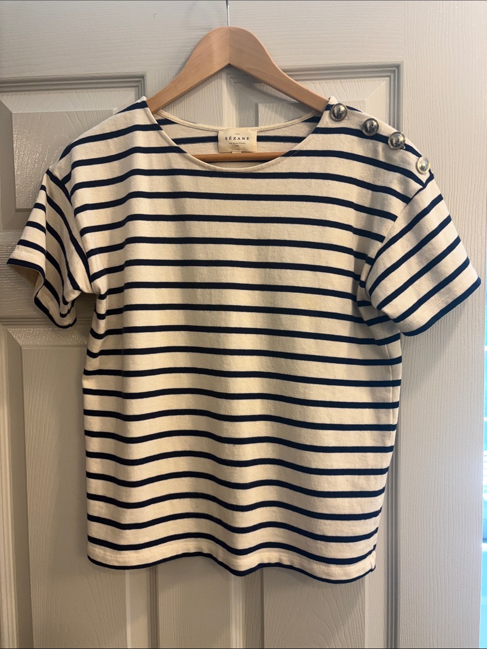 Sézane Cream and Navy Striped Tee with Shoulder Buttons